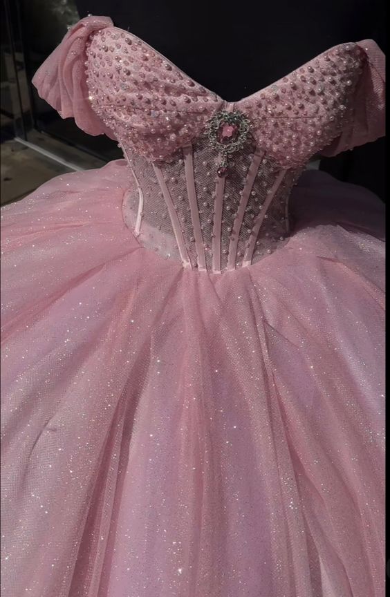 Glitter Pearls Pink Quinceanera Dress Ball Gowns Sweet 15 Birthday Party
