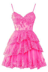 Spaghetti Straps Lace Tulle Homecoming Dress Short Formal Party