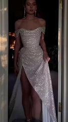 Off The Shoulder Sequin Prom Dress with Shiny Details