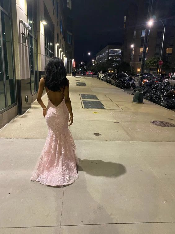 Sexy Mermaid Pink Prom Dress Spaghetti Straps Lace Sexy Mermaid Pink Prom Dress Spaghetti Straps Lace