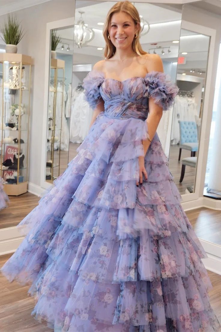 Elegant Print Flutter Sleeve Ruffle Tiered Long Prom Dress