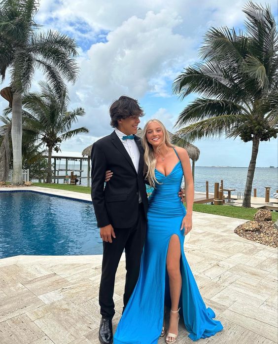 Elegant Blue V Neck Prom Evening Dress With Splitv=1703817843