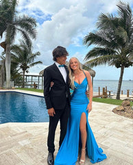 Elegant Blue V Neck Prom Evening Dress With Splitv=1703817843