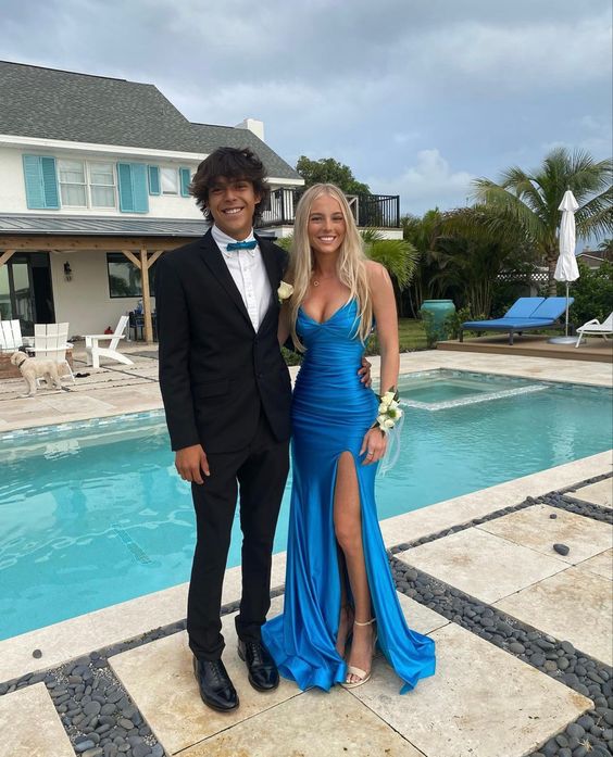 Elegant Blue V Neck Prom Evening Dress With Split