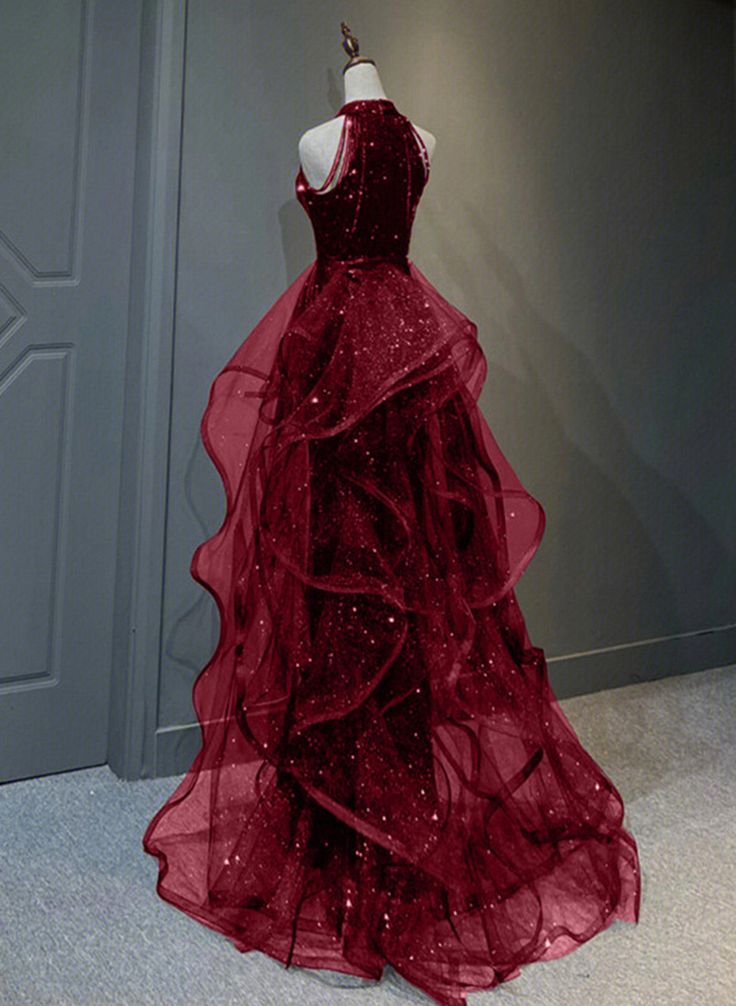Sequined Wine Red Tulle Halter Long Prom Evening Dress Sequined Wine Red Tulle Halter Long Prom Evening Dress
