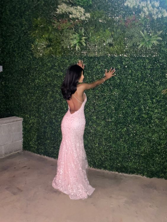 Sexy Mermaid Pink Prom Dress Spaghetti Straps Lace Birthday Outfit