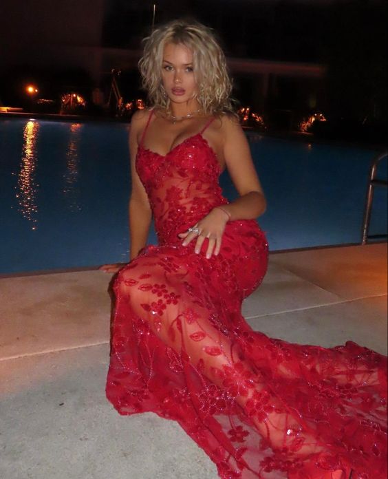 Red Lace Prom Dresses Spaghetti Straps 