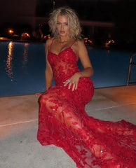 Red Lace Prom Dresses Spaghetti Straps 
