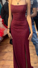 Burgundy Sparkly Glitter Long Prom Evening Dress