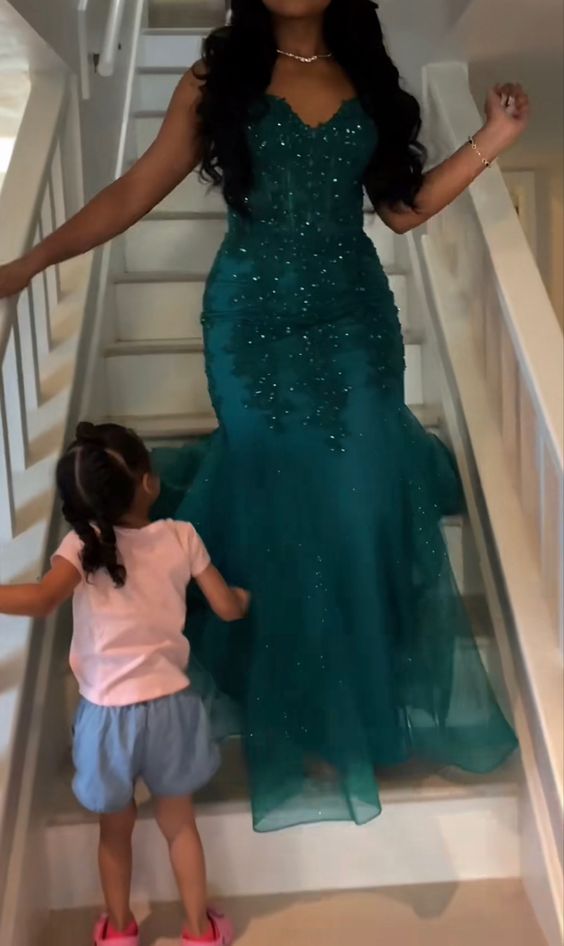 Dark Green Mermaid Tulle Lace Prom Dress Formal Gown for Winter