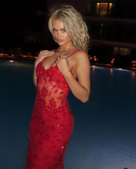 Red Lace Prom Dresses Spaghetti Straps 
