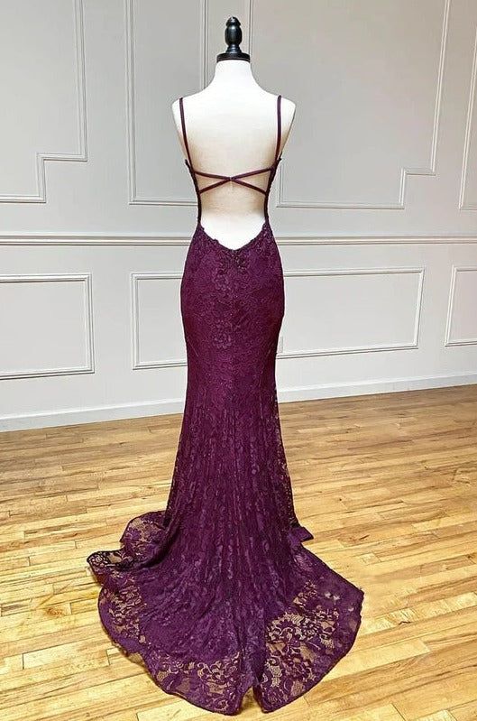 Mermaid Trumpet Spaghetti Straps Grape Lace Beaded Prom Evening Dress Mermaid Trumpet Spaghetti Straps Grape Lace Beaded Prom Evening Dress