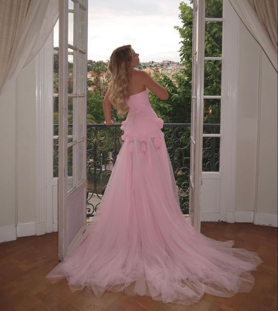 Pink Strapless High Slit Flower Prom Dress for Women Formal Gowns