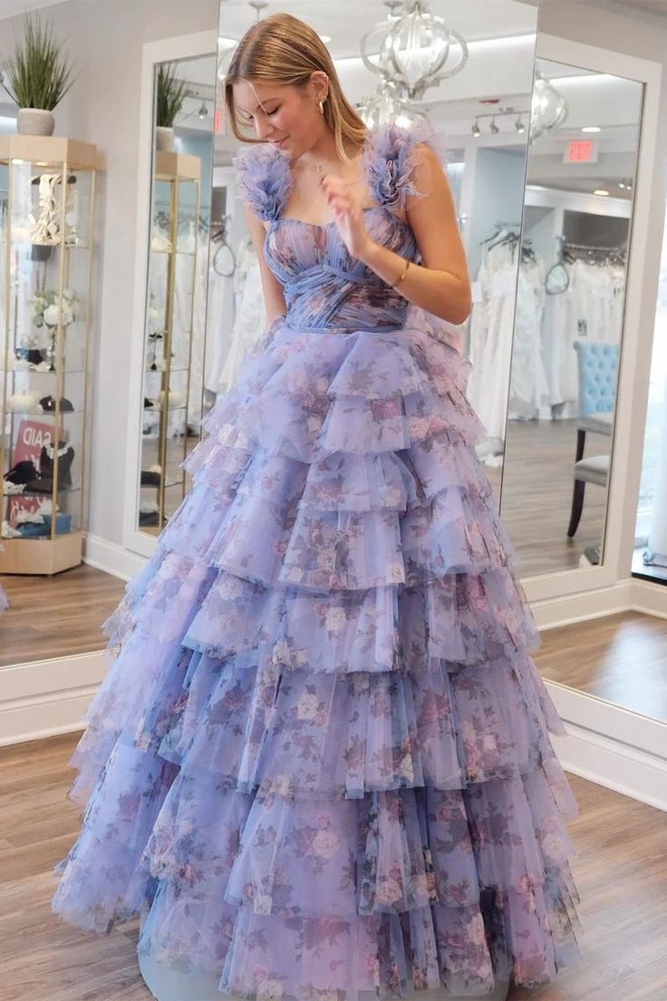 Elegant Print Flutter Sleeve Ruffle Tiered Long Prom Dress