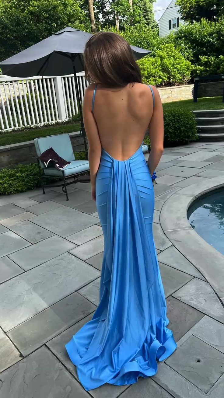 Sexy Blue Mermaid Prom Dresses, Open Back Long Evening Party Gown