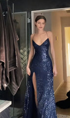 Women's Navy Sequined Spaghetti Strap V Neck Formal Gown Dress