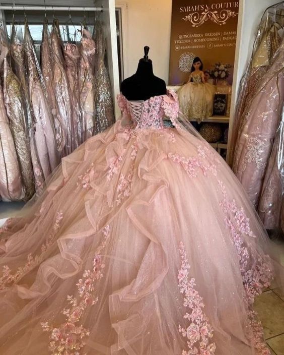 Pink Quinceanera Ball Gown Dresses with Cape and Flower Details Pink Quinceanera Ball Gown Dresses with Cape and Flower Details