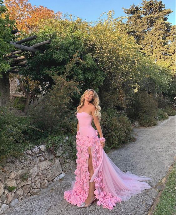 Pink Strapless High Slit Flower Prom Dress for Women Formal Gowns