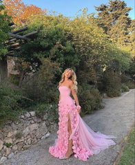 Pink Strapless High Slit Flower Prom Dress for Women Formal Gowns