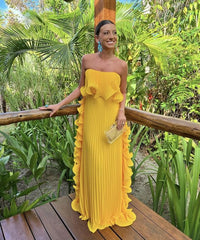 Elegant Yellow Pleated Prom Dresses Long Evening Gowns Formal Party Wear