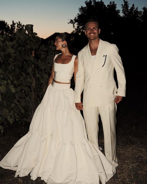 White Two Piece Long Fashion Wedding Dress For Elegant Brides