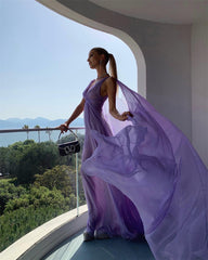 Lilac Long Prom Dresses Party Evening Gowns Chiffon Sleeveless Formal Wear