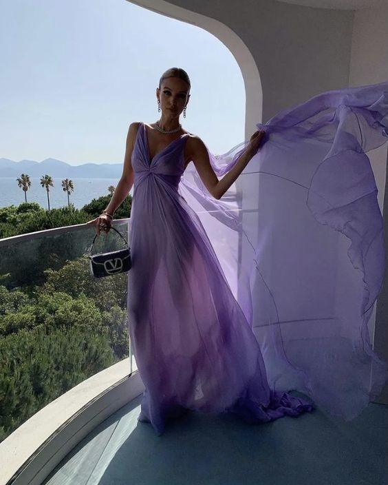 Lilac Long Prom Dresses Party Evening Gowns Chiffon Sleeveless Formal Wear