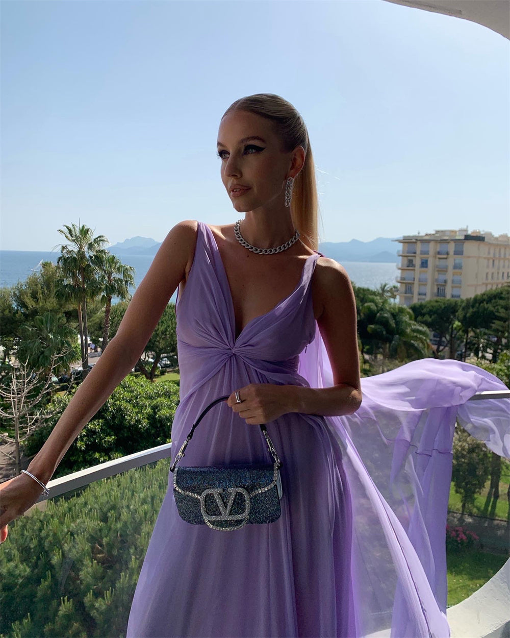 Lilac Long Prom Dresses Party Evening Gowns Chiffon Sleeveless Formal Wear