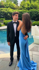 Sexy Blue Mermaid Prom Dresses, Open Back Long Evening Party Gown