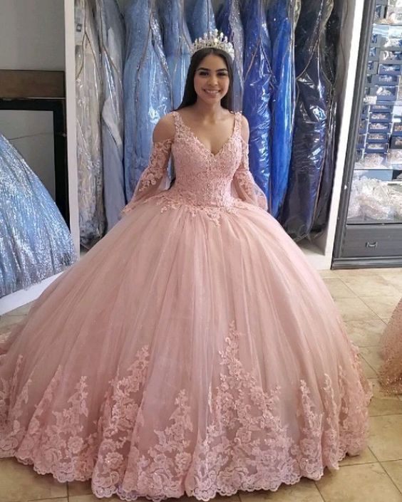 Blush Pink A-Line Tulle Ball Gown Lace Prom Evening Dress