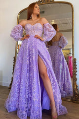 Lavender Bustier Puffy Sleeves Lace Long Prom Gown