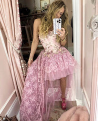 Elegant Pink High Low Evening Party Prom Fashion Dress For Women