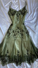 Vintage Green Emerald Maxi Dress Embroidered Crystals Floral Designs