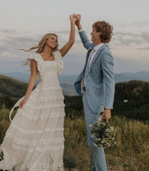 Elegant A Line Wedding Dress Long Square Neck Bridal Gown Designer