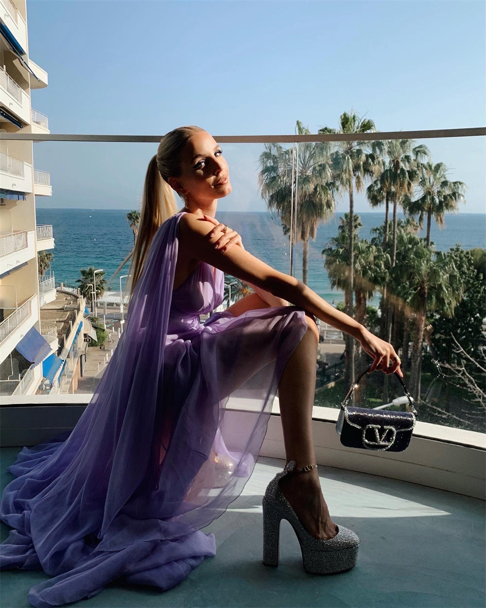 Lilac Long Prom Dresses Party Evening Gowns Chiffon Sleeveless Formal Wear