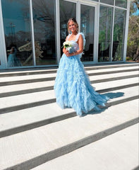 Light Sky Blue Tulle Princess Ruffle Straps Long Prom Dress