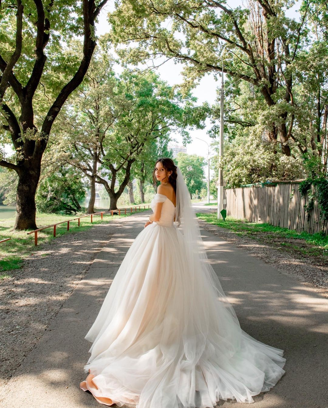 Elegant Off-Shoulder Tulle A-Line Wedding Dress with Chapel Train