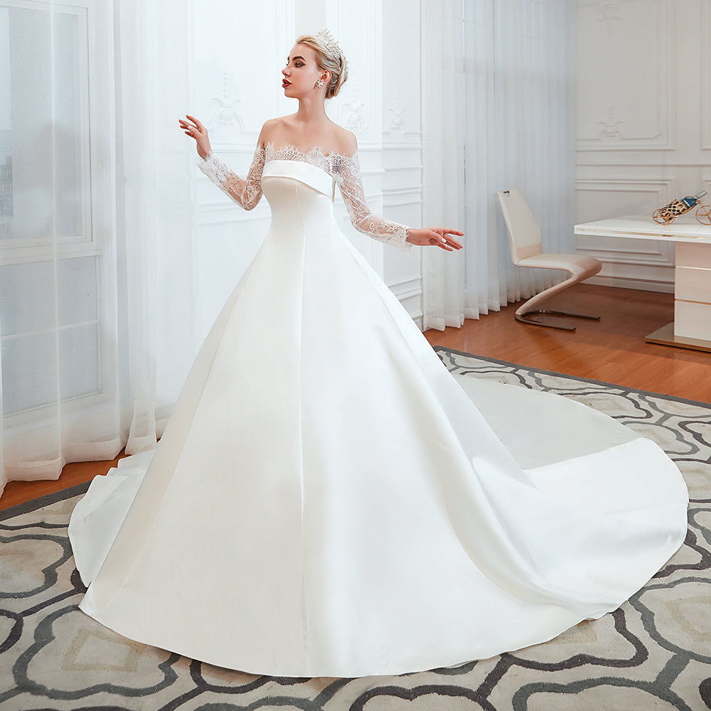 Elegant Off-Shoulder Long Sleeve A-Line Satin Wedding Gown with Delicate Lace