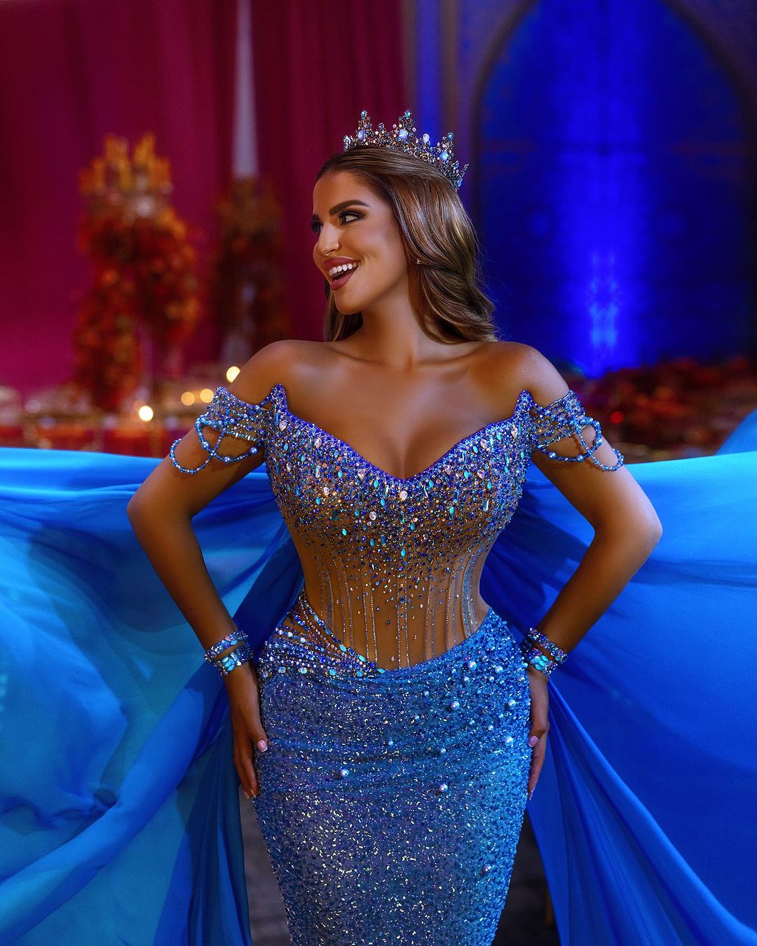 Elegant Off-Shoulder V-Neck Prom Gown with Sequin Embellishments & Flowing Trail