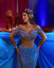 Elegant Off-Shoulder V-Neck Prom Gown with Sequin Embellishments & Flowing Trail