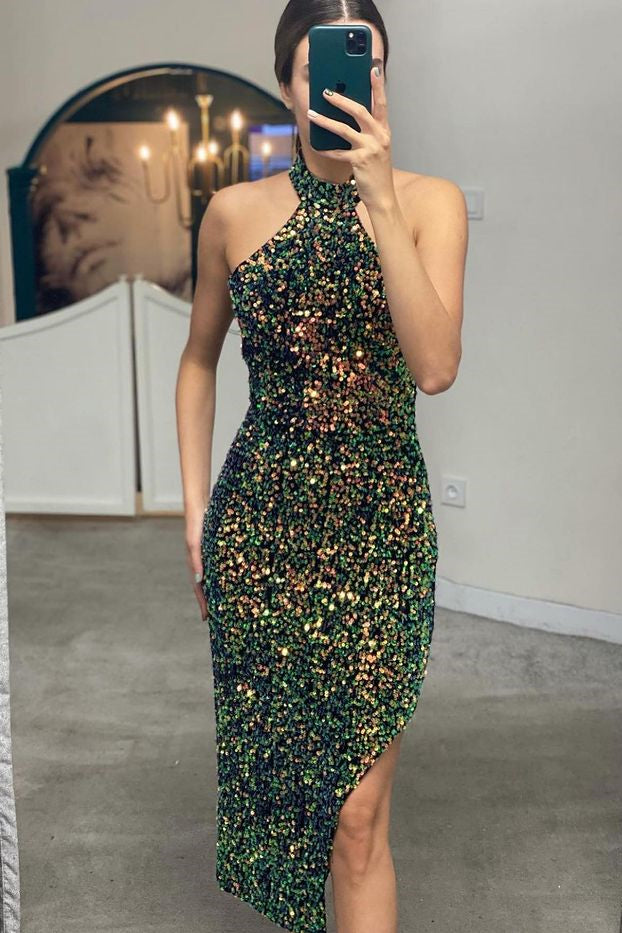 Elegant Halter Neck Sequin Mermaid Prom Dress Formal Evening Gown