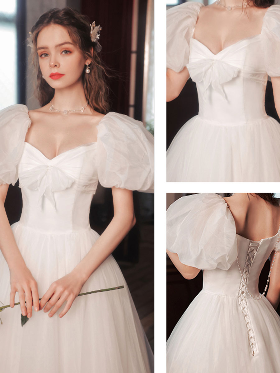 White Tulle Puffy Sleeves Long Prom Dress Sweet 16 Gowns