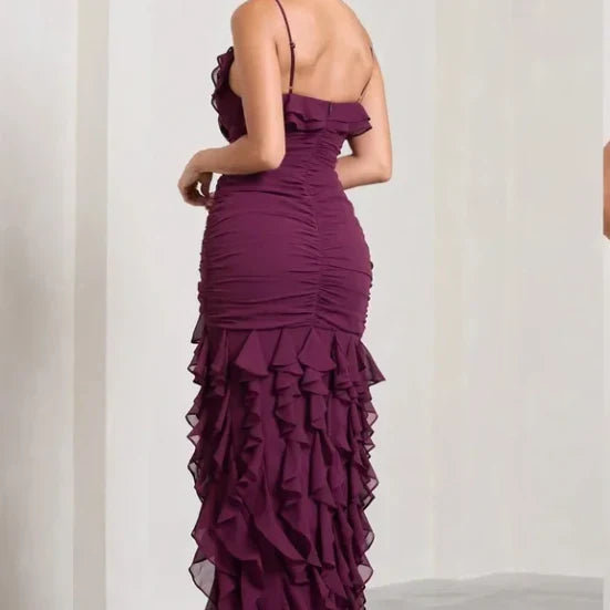 Burgundy Spaghetti Straps Chiffon Prom Evening Party Dress For Women