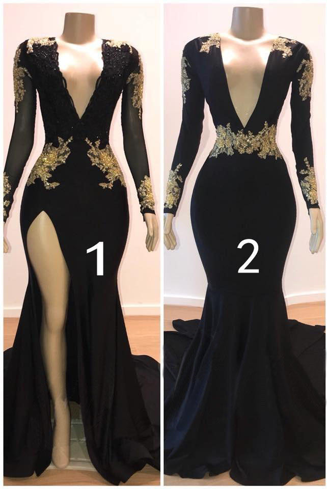 Elegant Black Prom Dress: Long Sleeves, Gold Appliques, V-Neck, Mermaid Silhouette