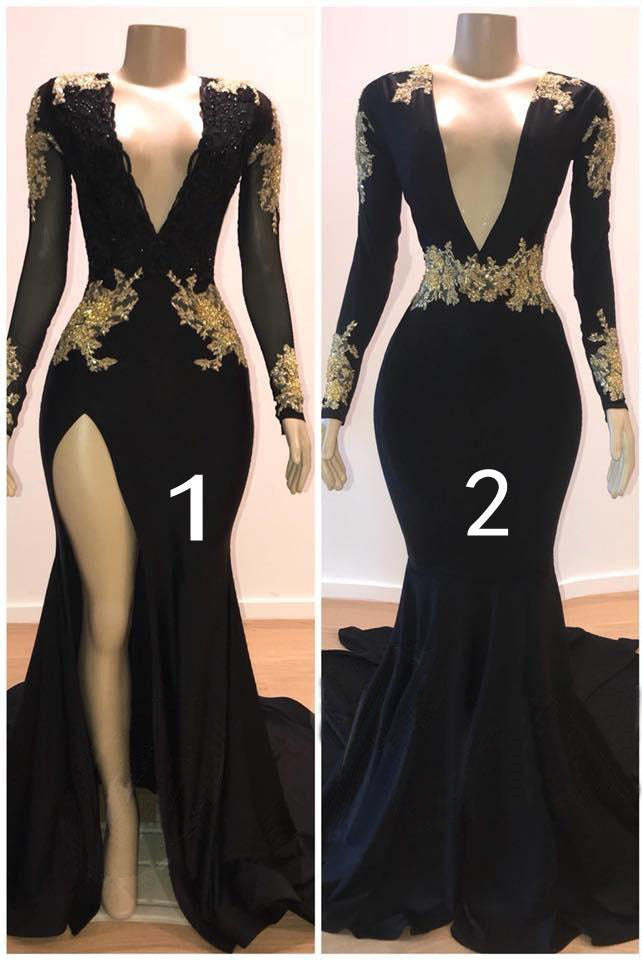 Elegant Black Prom Dress: Long Sleeves, Gold Appliques, V-Neck, Mermaid Silhouette