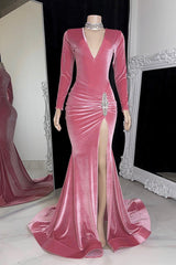 Elegant Red Long-Sleeve Prom Gown with High Slit and Pleated Details