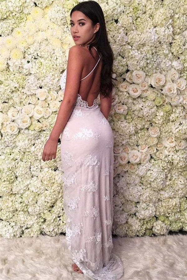 Elegant Deep V-Neck Spaghetti-Strap Backless Lace Prom Gown with Thigh-High Split
