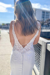 Modern Mermaid Wedding Dress: Spaghetti Straps, Sweetheart Neckline, Open Back, Lace Appliques