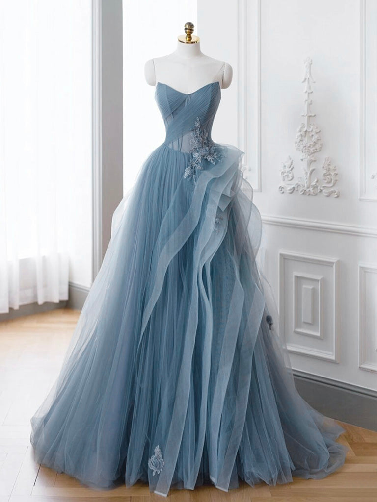 Elegant Gray Blue A-Line Off Shoulder Tulle Lace Prom Dress Elegant Gray Blue A-Line Off Shoulder Tulle Lace Prom Dress