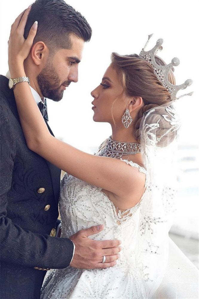Beaded Cap-Sleeve Ball Gown Wedding Dress with Tulle Appliqué